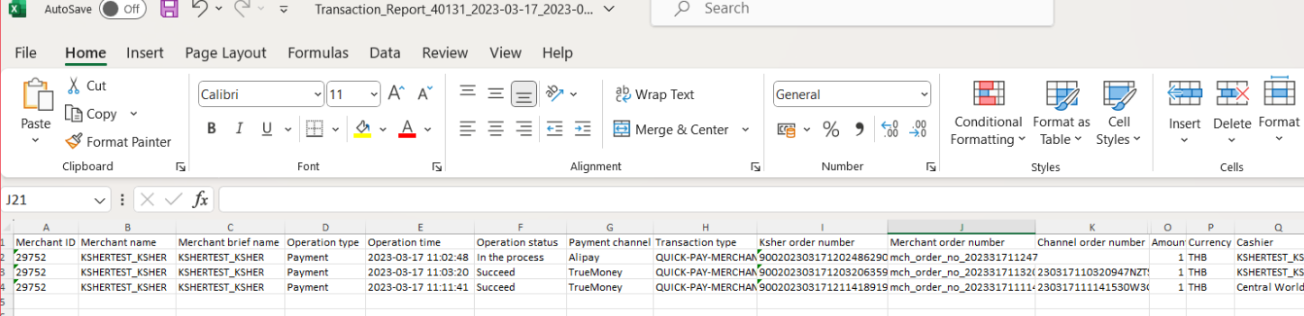 merchant platform example transaction report